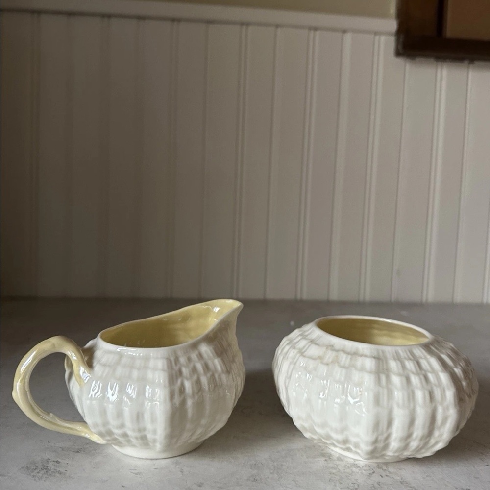 Belleek Tridacna Yellow Creamer Pitcher Sugar Bowl Set Green Mark Vintage Irish